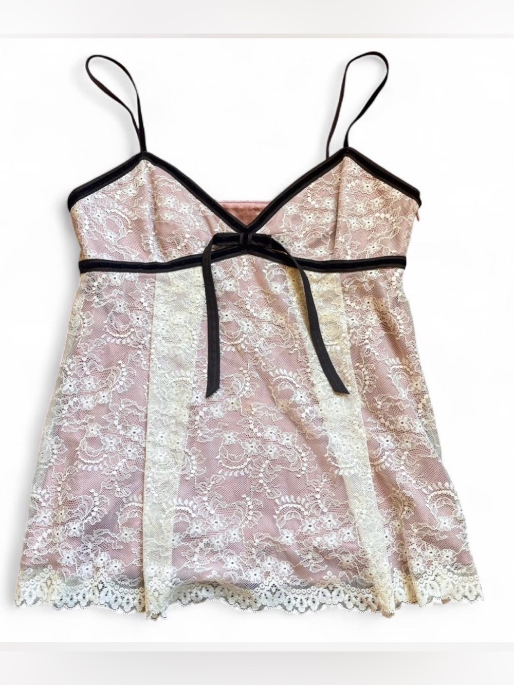 NWT Robert Rodriguez Silk Lace Camisole 12 Pink Lace Chemise with Brown Trim